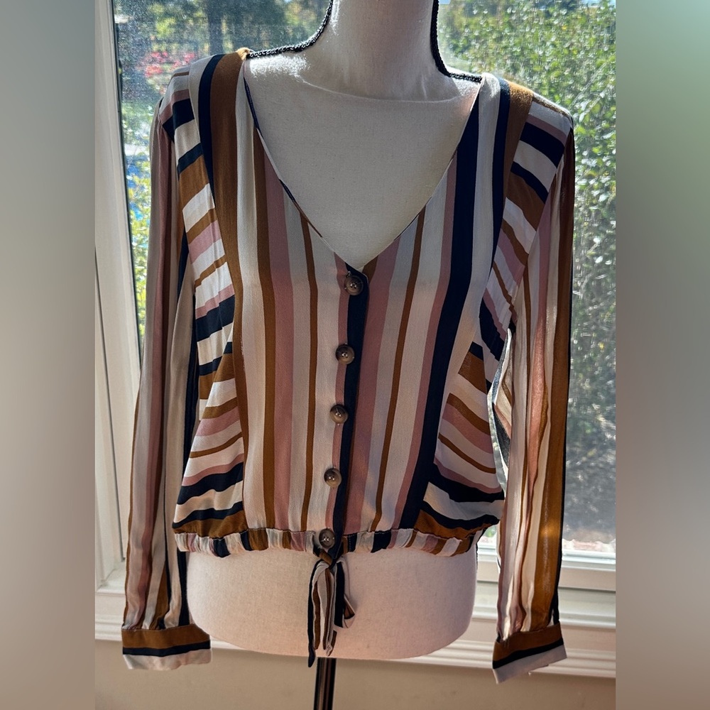 Altar'd State Womens Striped Blouse Top, Sz M Medium, Pink Navy Mustard